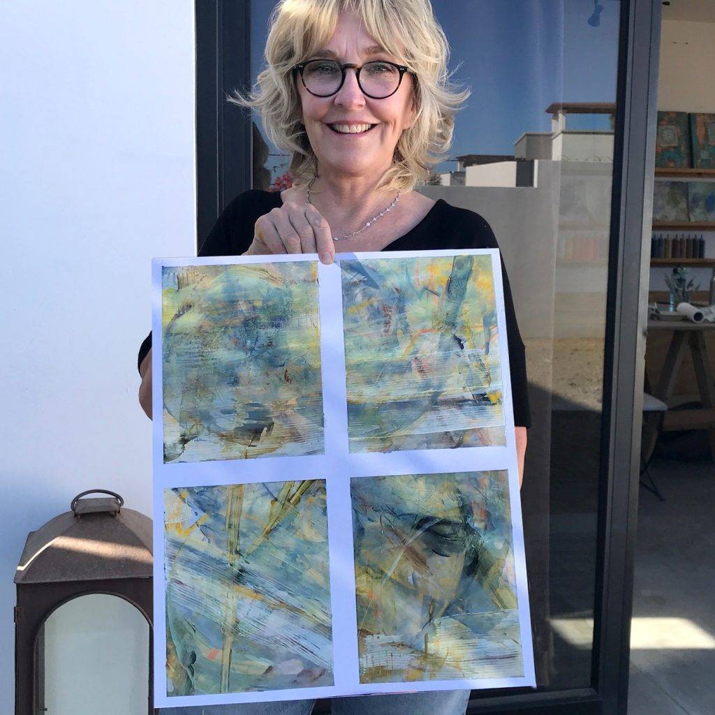 Art Student from Cerritos beach happy with her painting created at an art class in Todos Santos, Mexico